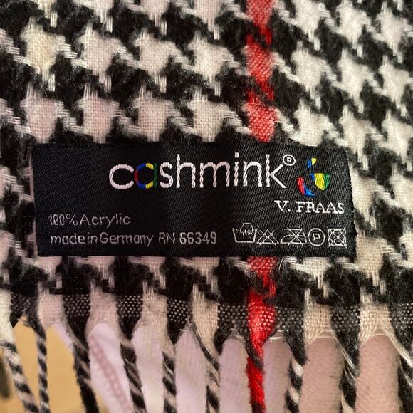 V Fraas Cashmink Houndstooth Holiday Acrylic Fringe Scarf Black White Red Winter - Picture 5 of 5